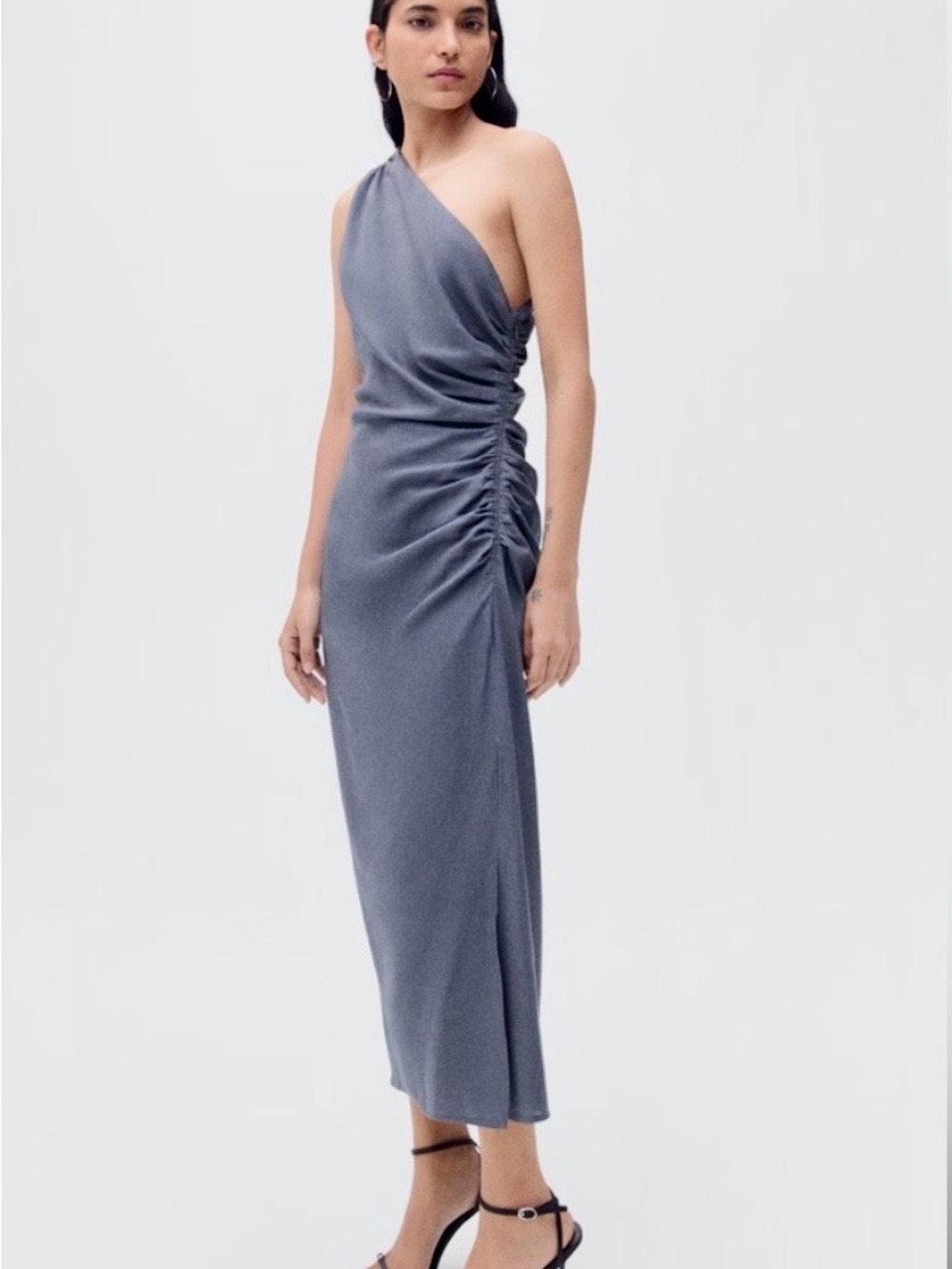 Mango One-Shoulder Slate Blue Ruched Midi Dress